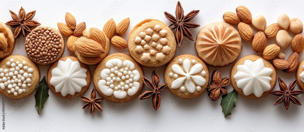 Decorative Christmas biscuits with almonds and star anise arranged on a pristine white background for festive baking inspiration Decorative Christmas biscuits with almonds and star anise arranged on a pristine white background for festive baking inspiration