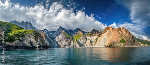 Majestic coastal mountains embrace the sea showcasing nature's grandeur in a stunning panoramic landscape of towering cliffs and vibrant waters
