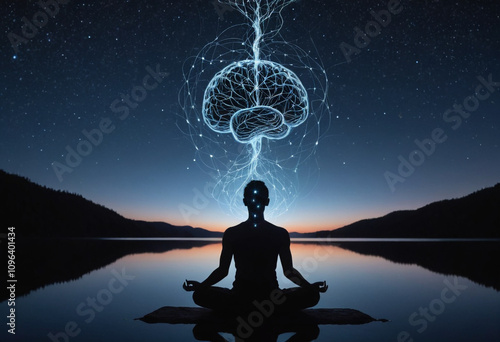 silhouette of a person meditating, neural connections forming brain above head
