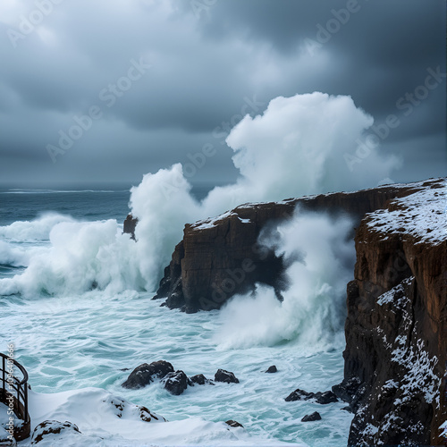 A fierce snowstorm converging with a tempest, towering waves crashing against rugged cliffs, intense weather, high resolution, dark ominous sky, natural chaos