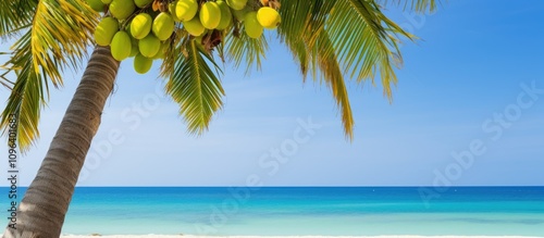 Coconut tree with yellow fruits beside serene beach and light blue sea under clear sky ideal for tropical vacation themes photo