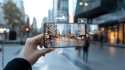 Plakat Smartphone capturing cityscape in AR view.