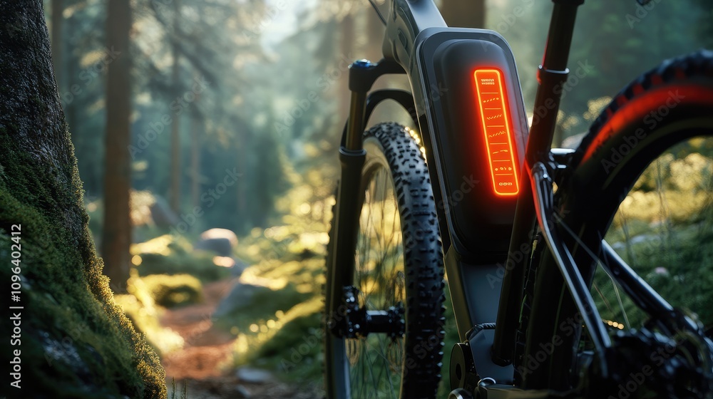 Fototapeta premium Close-Up of a Mountain Bike with a Vibrant LED Tail Light in a Serene Forest Setting at Golden Hour, Emphasizing Nature and Outdoor Adventure