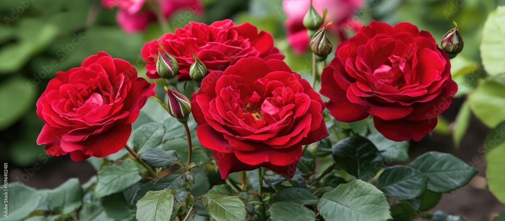 Vibrant red roses blooming in a lush garden showcasing their beauty and elegance with fresh green leaves in the background Vibrant red roses blooming in a lush garden showcasing their beauty and elegance with fresh green leaves in the background