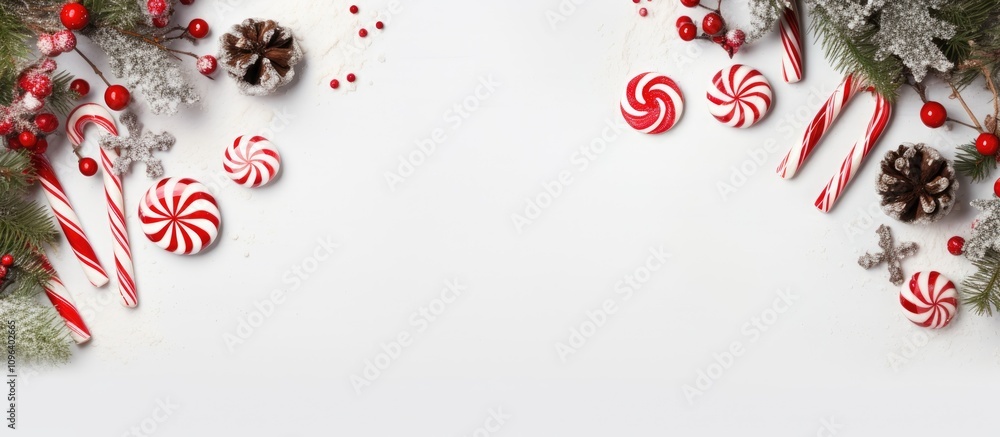 Christmas Themed Flat Lay with Candy Canes Baubles Pine Cones and Mittens on a Grey Background Space for Text Seasonal Decor Elements