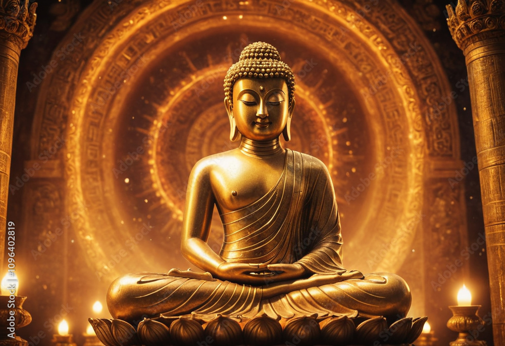 Fototapeta premium Golden Buddha statue, spiritual temple, cosmic background, glowing aura, mystical energy, serene meditation, ancient architecture, warm lighting, peaceful atmosphere, intricate details 