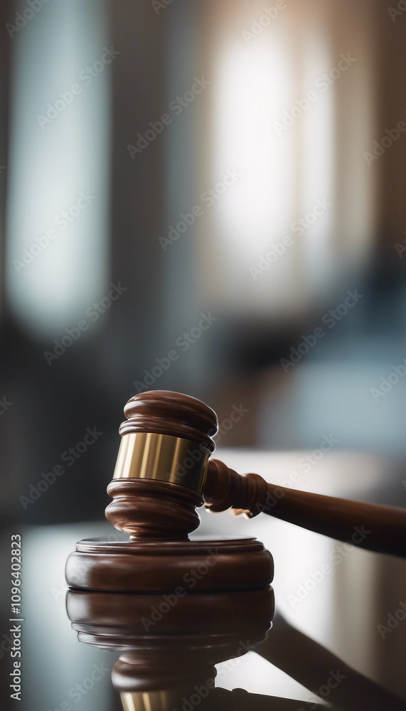 Vertical close-up of a wooden judge gavel on a reflective surface side view symbolizing judicial aut Vertical close-up of a wooden judge gavel on a reflective surface side view symbolizing judicial aut