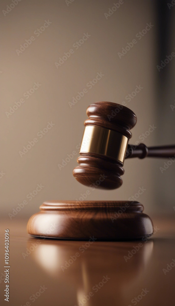 Vertical close-up of a wooden judge gavel on a reflective surface side view symbolizing judicial aut Vertical close-up of a wooden judge gavel on a reflective surface side view symbolizing judicial aut