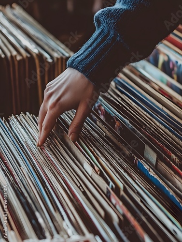 A hand reaches for a vinyl record from a shelf full of records.