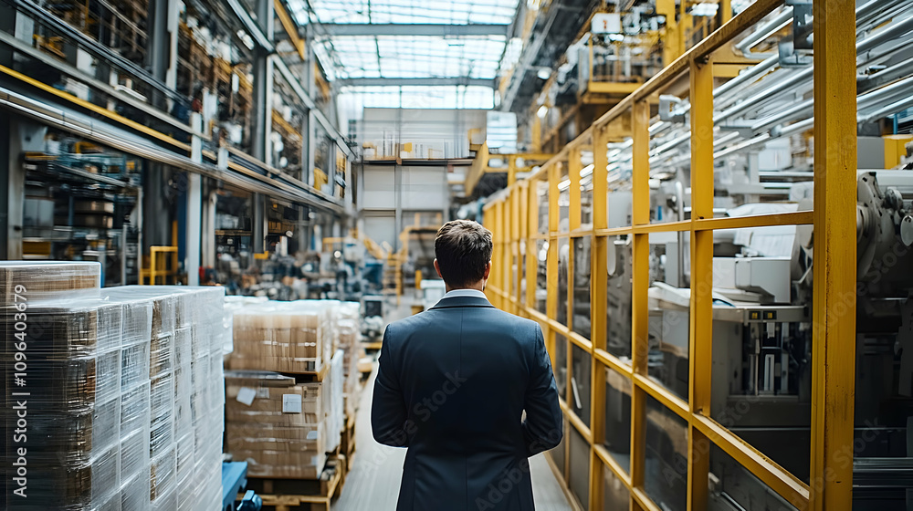 A Businessman Surveys a Modern Factory Floor, Observing Industrial Machinery and Production Processes. A Businessman Surveys a Modern Factory Floor, Observing Industrial Machinery and Production Processes.