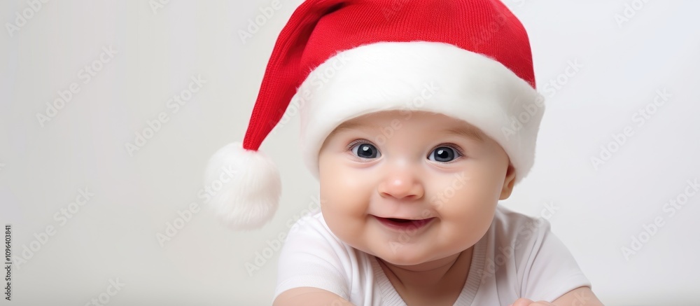 Baby boy in Christmas hat joyfully smiling on a white background capturing holiday cheer and innocence Baby boy in Christmas hat joyfully smiling on a white background capturing holiday cheer and innocence