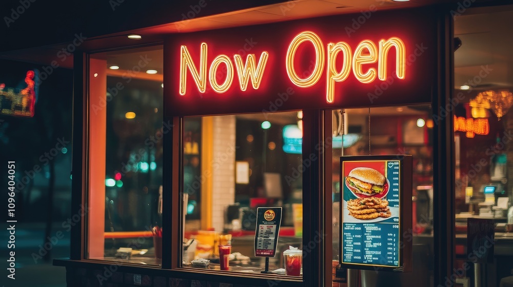 Fototapeta premium Vibrant Fast Food Restaurant Exterior at Night with Bright Neon 'Now Open' Sign Displaying Menu and Delicious Food Items