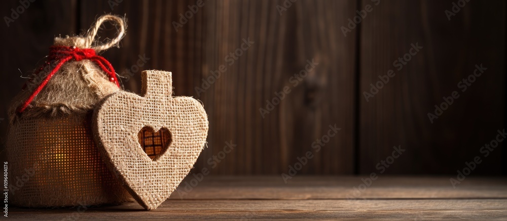 Handmade burlap heart decoration and present on rustic wooden background for Christmas holiday decor and festive celebrations Handmade burlap heart decoration and present on rustic wooden background for Christmas holiday decor and festive celebrations