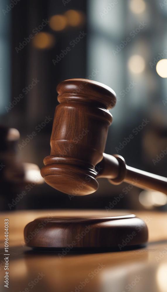 Vertical close-up of a wooden judge gavel on a reflective surface side view symbolizing judicial aut Vertical close-up of a wooden judge gavel on a reflective surface side view symbolizing judicial aut