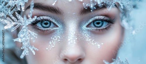 Young woman with silver artistic makeup embodying an ice queen aesthetic adorned with delicate snowflakes and sparkling details. photo