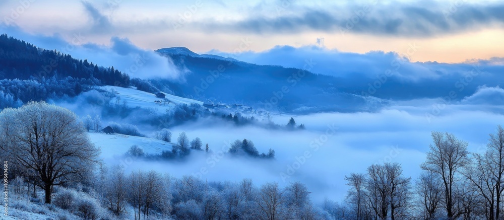 Mountain landscape with fog and snow at dawn showcasing serene winter beauty and misty valleys under a pastel sky. Mountain landscape with fog and snow at dawn showcasing serene winter beauty and misty valleys under a pastel sky.