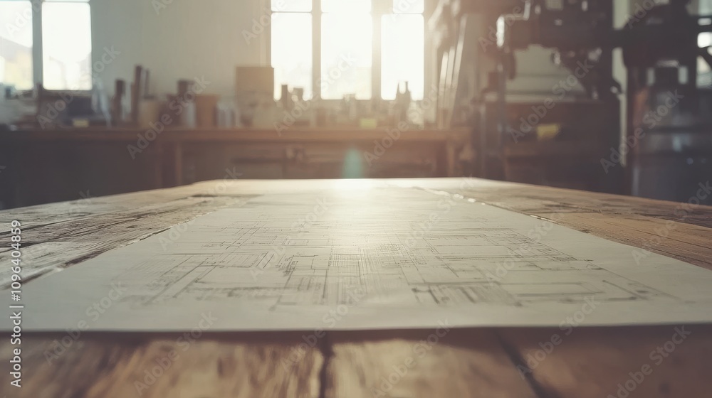 Industrial Sketches on Wooden Table in Workshop Setting Industrial Sketches on Wooden Table in Workshop Setting