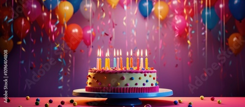 Festive birthday cake with candles surrounded by vibrant balloons and party decorations creating a joyful celebration atmosphere photo