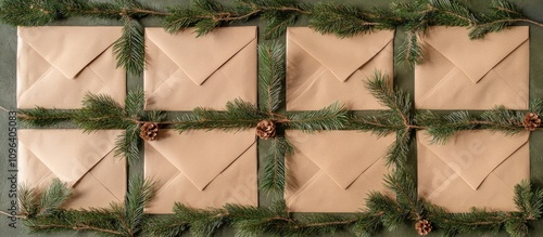 Christmas envelopes on Kraft paper adorned with fir twigs and decorative garlands arranged attractively from a top view perspective photo