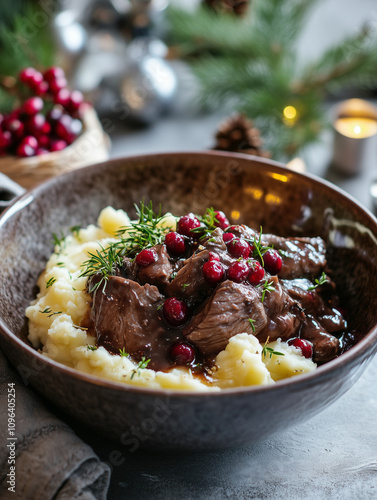 Finnish poronkäristys (sautéed reindeer) with mashed potatoes and lingonberries, served in a rustic bowl