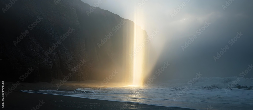 Majestic sunlight shining through mist over tranquil beach creating a serene coastal atmosphere with rolling waves and dramatic cliffs. Majestic sunlight shining through mist over tranquil beach creating a serene coastal atmosphere with rolling waves and dramatic cliffs.