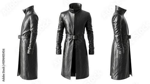 A sleek black leather trench coat with a belted waist and high collar, showcasing a modern and stylish design. photo