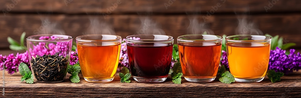 A vibrant display of steaming tea in glass cups, surrounded by colorful flowers and leaves, showcasing various tea types and natural beauty. A vibrant display of steaming tea in glass cups, surrounded by colorful flowers and leaves, showcasing various tea types and natural beauty.