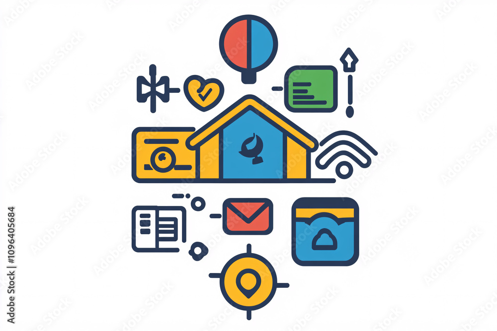 Icons representing communication technology and home concept in a colorful and structured illustration
Icons representing communication technology and home concept in a colorful and structured illustration