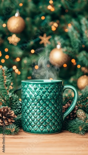 Steaming mug on wooden table, decorated Christmas tree background.