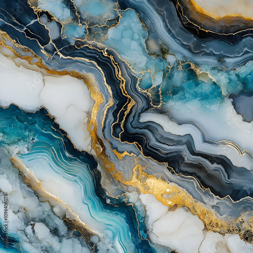 Wallpaper Mural Abstract Blue, Gold, and Gray Marble Texture: Swirling Ink Design with Elegant Metallic Accents, Ideal for Backgrounds and Artistic Applications. Torontodigital.ca