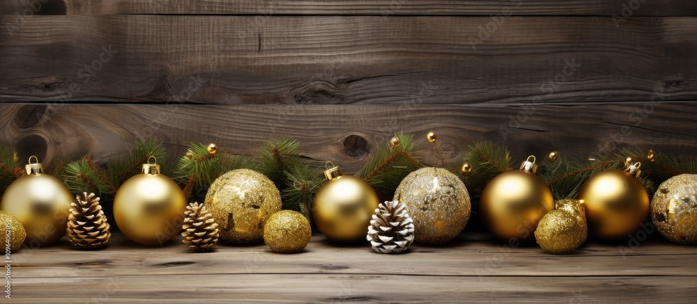 Naklejka premium Elegant gold Christmas baubles and pinecones on rustic wooden surface for festive holiday decoration concept