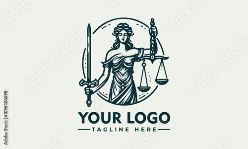 It depicts Lady Justice holding sword scales representing justice Depiction of Lady Justice holding sword scales portraying justice; suitable for legal, judicial, equality, and fairnessthemed designs