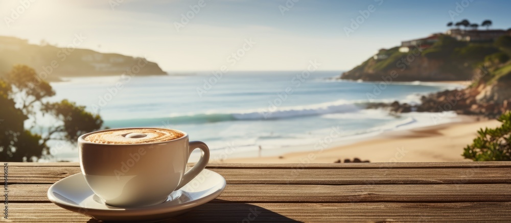 Coffee by the serene seaside with gentle waves and scenic beach view ideal for relaxation during a holiday getaway. Coffee by the serene seaside with gentle waves and scenic beach view ideal for relaxation during a holiday getaway.