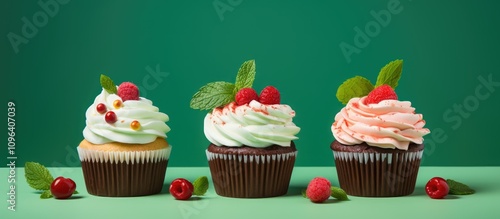 Colorful gourmet cupcakes with raspberry and mint accents on a vibrant green background showcasing a fresh and appealing dessert aesthetic