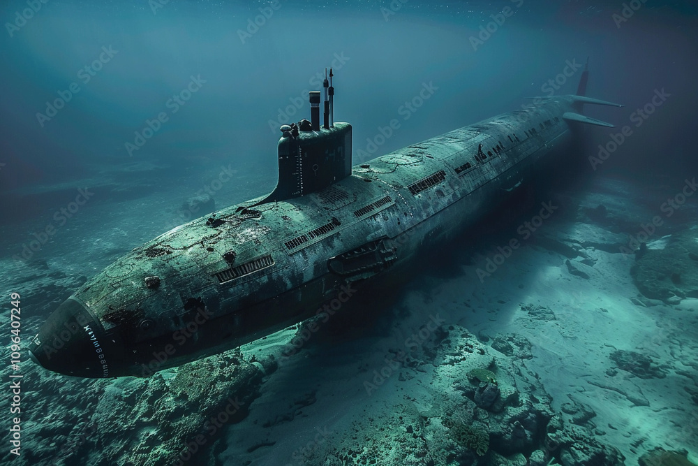 Beautiful large submarine floating in middle of ocean during mission Beautiful large submarine floating in middle of ocean during mission