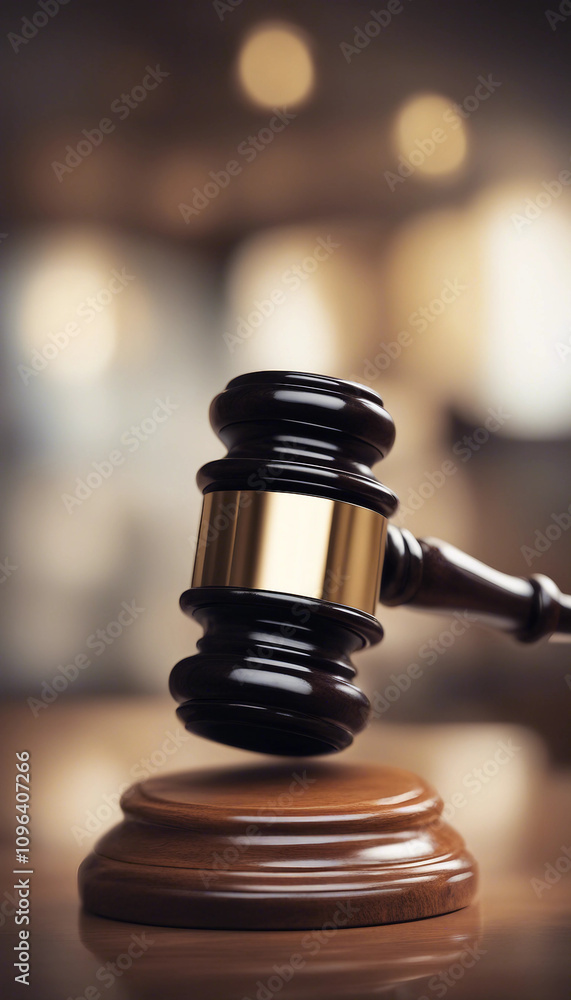 Vertical close-up of a wooden judge gavel on a reflective surface side view symbolizing judicial aut Vertical close-up of a wooden judge gavel on a reflective surface side view symbolizing judicial aut