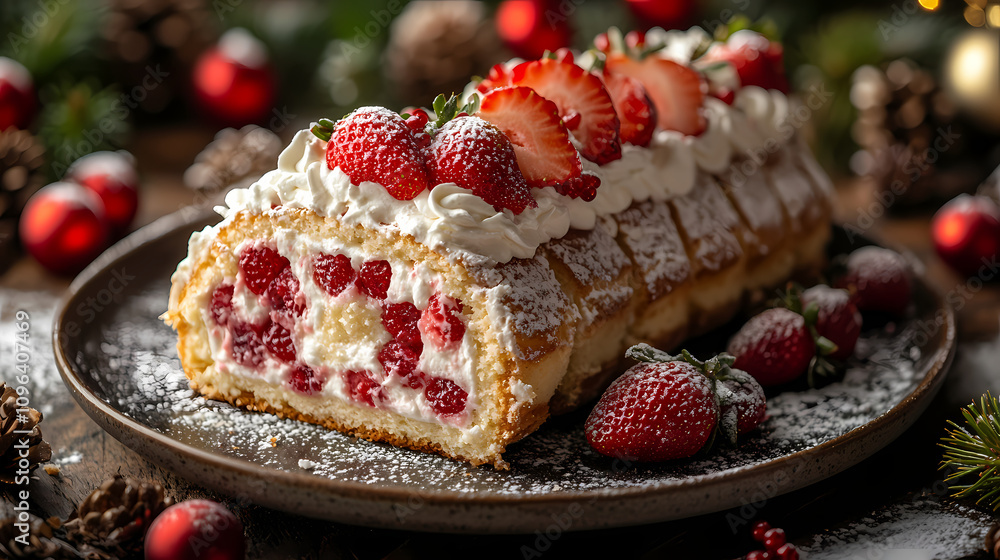 Strawberry cream roulade on a cake plate, fresh strawberries and whipped cream around, cheerful christmas kitchen vibe Strawberry cream roulade on a cake plate, fresh strawberries and whipped cream around, cheerful christmas kitchen vibe