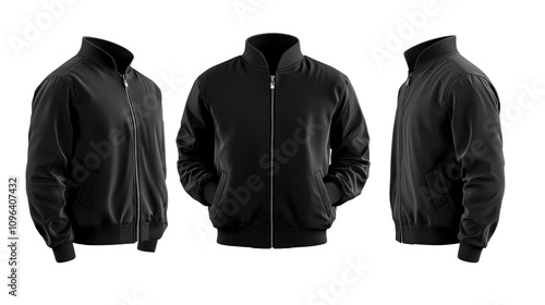 A sleek black jacket showcased from multiple angles, emphasizing its design and style.