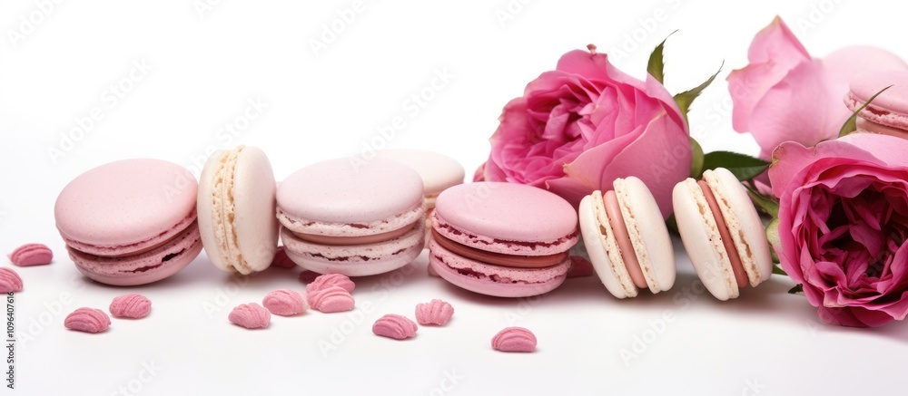 Delicious pink macaroons with rose flowers and a blank greeting card on a white background for celebration or special occasions Delicious pink macaroons with rose flowers and a blank greeting card on a white background for celebration or special occasions