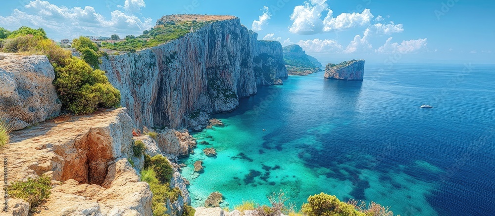 Naklejka premium Scenic Coastal Landscape of Gibraltar with Clear Blue Waters and Dramatic Cliffs Under a Bright Sky