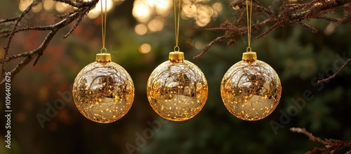 Elegant golden ornaments hanging from a Christmas tree branch glowing softly in festive holiday atmosphere.