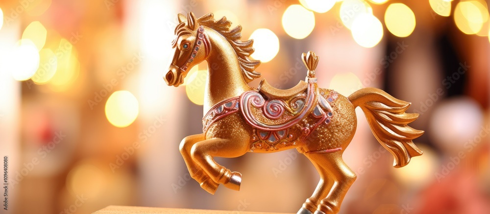 Fototapeta premium Decorative rocking horse figurine with warm bokeh lights ideal for festive tree ornaments and holiday home decor.