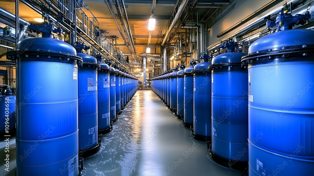 Fototapeta premium Industrial Blue Cylinders in a Processing Plant