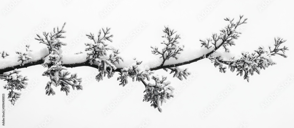 Snow-covered tree branch with intricate black and white ornamentation creating a serene winter scene in a minimalist style. Snow-covered tree branch with intricate black and white ornamentation creating a serene winter scene in a minimalist style.