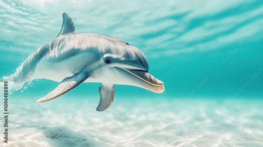 Fototapeta premium Single bottlenose dolphin underwater in clear turquoise ocean. Close-up portrait of marine mammal swimming gracefully with sunlight filtering through water surface. 8k