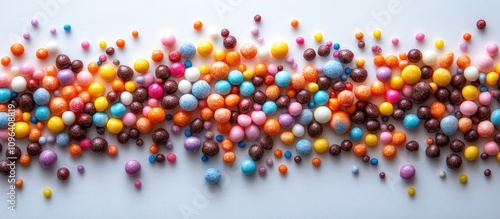 Colorful vibrant sprinkles and candy spheres arranged playfully on a bright white background perfect for festive or dessert themes photo