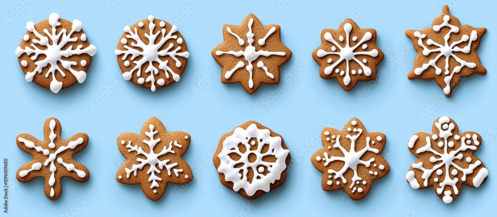 Christmas snowflake gingerbread cookies arranged on a blue background festive holiday treats ideal for gift giving and seasonal celebrations Christmas snowflake gingerbread cookies arranged on a blue background festive holiday treats ideal for gift giving and seasonal celebrations