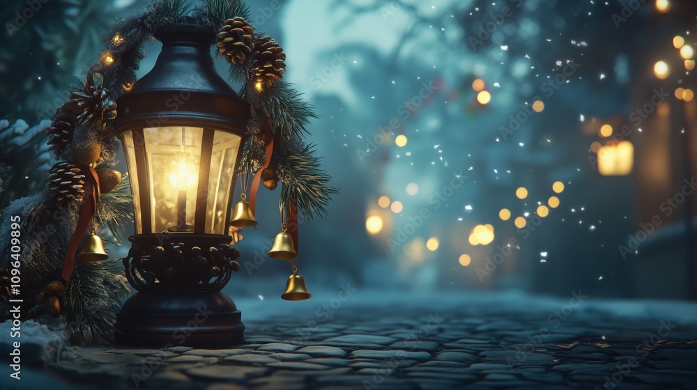 Obraz premium Enchanting lantern amidst snowflakes and festive decorations