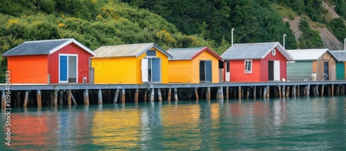 Colorful coastal huts on a wooden pier with serene waters and lush greenery in the background perfect for vacation and travel themes photo