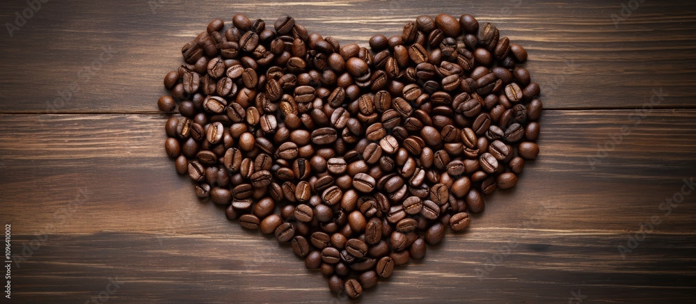 Heart shape created with roasted coffee beans on a rustic wooden surface highlighting a coffee lover's passion. Heart shape created with roasted coffee beans on a rustic wooden surface highlighting a coffee lover's passion.